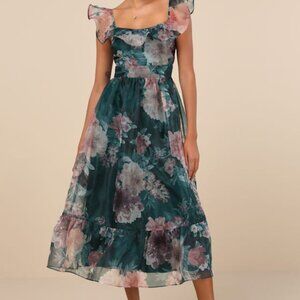 Lulus Sweet Composure Green Floral Organza Off-the-shoulder Midi Dress - Size S
